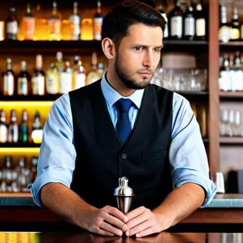 A professional male bartender in a crisp, modest uniform shirt and vest, standing behind an elegant bar counter, subtly observing a customer (back view or blurred) seated at the bar. He holds a bar towel and a shaker, his expression thoughtful and attentive, showcasing deep empathy and an understanding of unspoken needs. The bar is softly lit with warm ambient light, reflecting off polished glass bottles. This scene emphasizes the subtle art of reading client emotions. fully clothed, appropriate attire, modest clothing, professional dress, safe for work, appropriate content, professional photography, high quality, perfect anatomy, correct proportions, natural pose, well-formed hands, proper finger count, natural body proportions, professional.