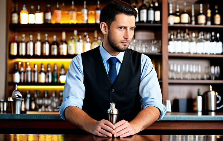 A professional male bartender in a crisp, modest uniform shirt and vest, standing behind an elegant bar counter, subtly observing a customer (back view or blurred) seated at the bar. He holds a bar towel and a shaker, his expression thoughtful and attentive, showcasing deep empathy and an understanding of unspoken needs. The bar is softly lit with warm ambient light, reflecting off polished glass bottles. This scene emphasizes the subtle art of reading client emotions. fully clothed, appropriate attire, modest clothing, professional dress, safe for work, appropriate content, professional photography, high quality, perfect anatomy, correct proportions, natural pose, well-formed hands, proper finger count, natural body proportions, professional.