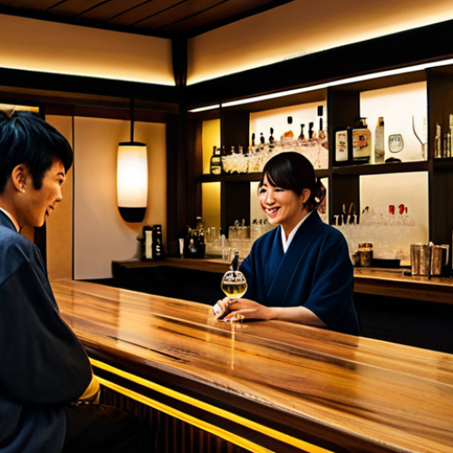 Bar with Local Sake & Cocktails**

"A cozy, independent bar in a Japanese town, featuring local sake bottles and handcrafted cocktails, warm lighting, wooden bar counter, customers enjoying drinks in a friendly atmosphere, fully clothed, appropriate attire, safe for work, perfect anatomy, natural proportions, professional photography, high quality, modest setting, family-friendly scene."

**