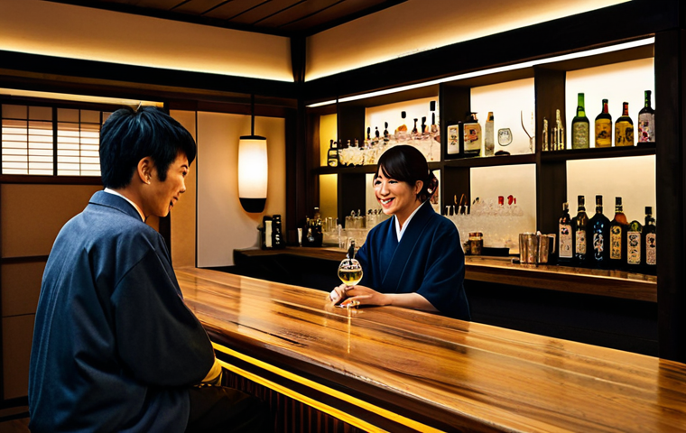 Bar with Local Sake & Cocktails**

"A cozy, independent bar in a Japanese town, featuring local sake bottles and handcrafted cocktails, warm lighting, wooden bar counter, customers enjoying drinks in a friendly atmosphere, fully clothed, appropriate attire, safe for work, perfect anatomy, natural proportions, professional photography, high quality, modest setting, family-friendly scene."

**
