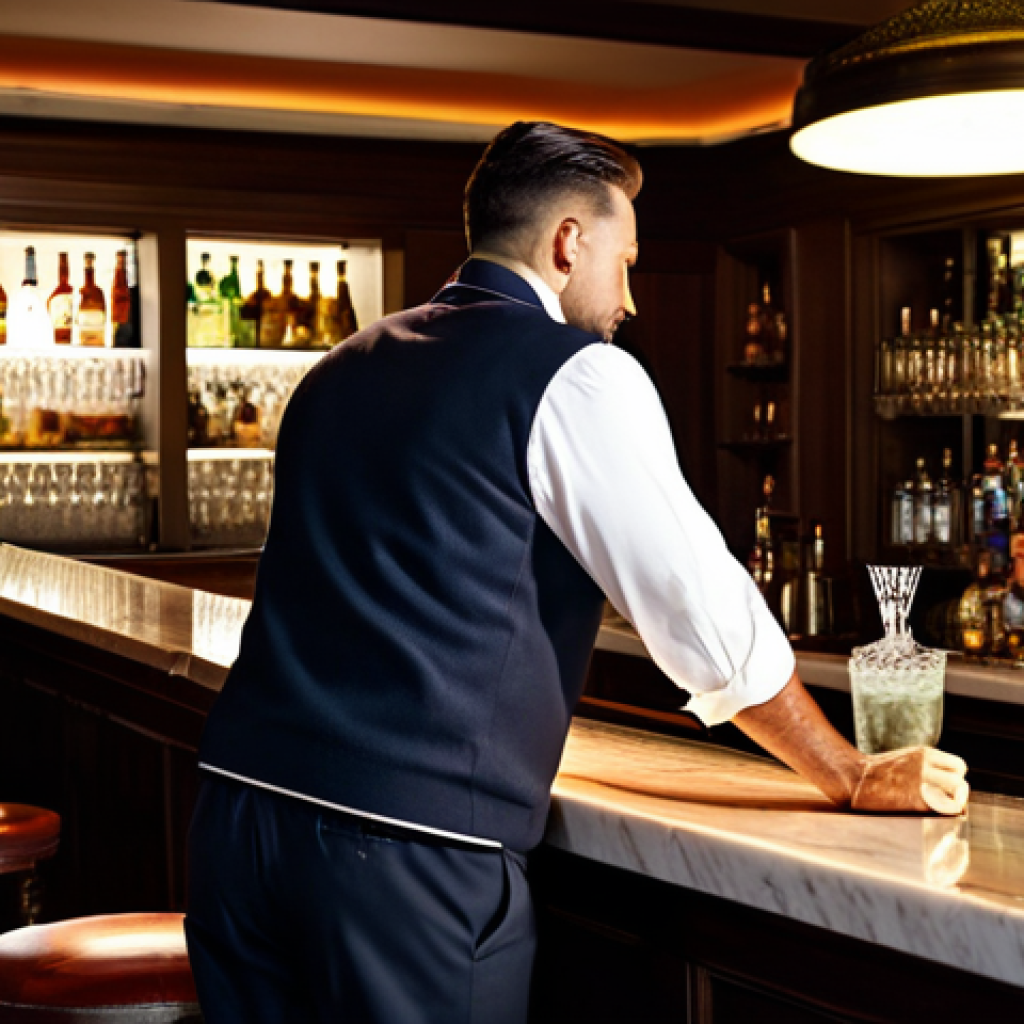 ** A skilled bartender, in a fully clothed, professional uniform, expertly mixing a cocktail behind a well-stocked bar. The environment is a warmly lit, upscale cocktail lounge. Safe for work, appropriate content, perfect anatomy, natural proportions, professional.
**