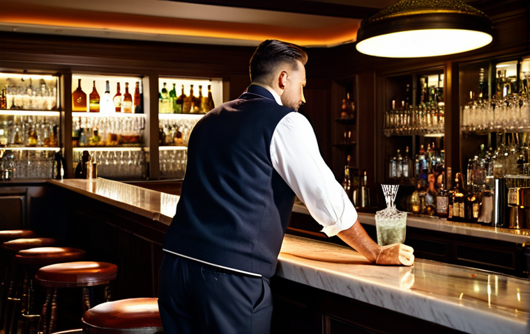 ** A skilled bartender, in a fully clothed, professional uniform, expertly mixing a cocktail behind a well-stocked bar. The environment is a warmly lit, upscale cocktail lounge. Safe for work, appropriate content, perfect anatomy, natural proportions, professional.

**