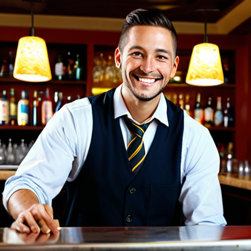 바텐더 경력 관리 꿀팁 - **Image Prompt:** A friendly bartender, fully clothed in a professional uniform, smiling and engagin...