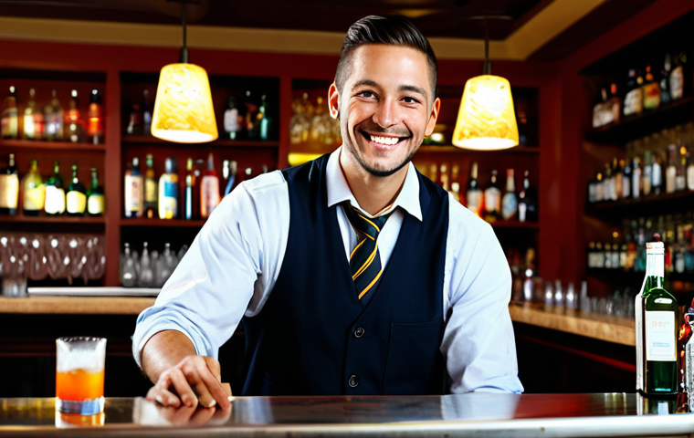 바텐더 경력 관리 꿀팁 - **Image Prompt:** A friendly bartender, fully clothed in a professional uniform, smiling and engagin...