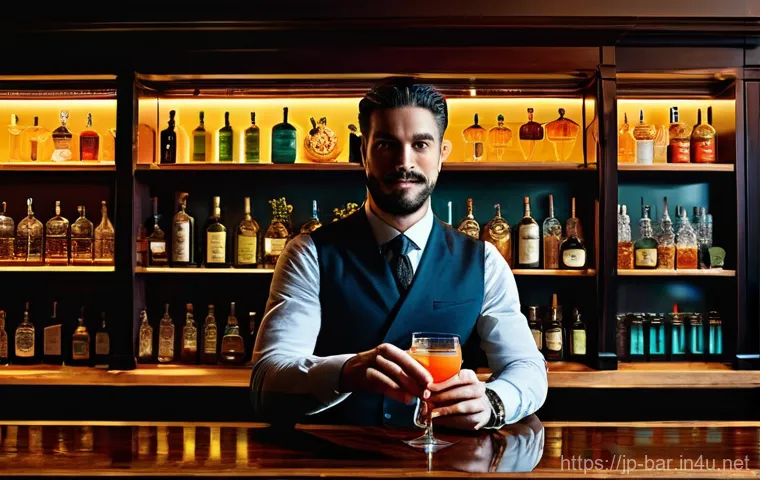 바텐더 직업 선택 이유 - **Prompt:** A focused and dynamic male bartender, wearing a stylish bartender's uniform with a dark ...