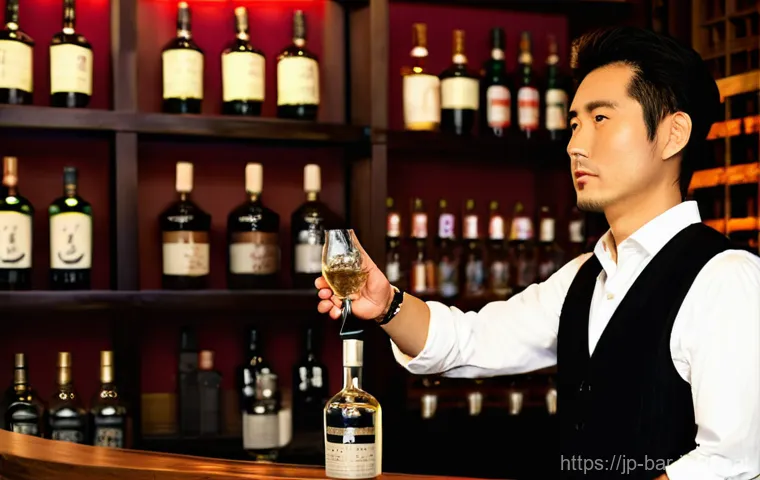바텐더가 알아야 할 주류 브랜드 - **Prompt 1: A passionate Japanese bartender explaining fine spirits.**
    A close-up, eye-level sho...