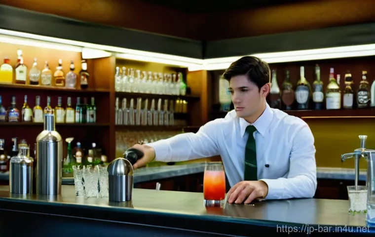 바텐더의 필수 교육 과정 - A focused young adult, possibly a man or woman in their early twenties, wearing a neat, clean barten...