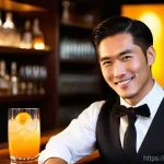 바텐더로 성공한 사례 인터뷰 - A charismatic and elegant Japanese male bartender, mid-30s, with a stylish, well-groomed hairstyle a...