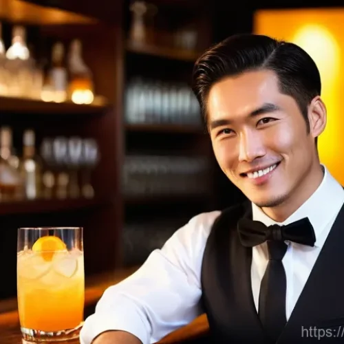바텐더로 성공한 사례 인터뷰 - A charismatic and elegant Japanese male bartender, mid-30s, with a stylish, well-groomed hairstyle a...