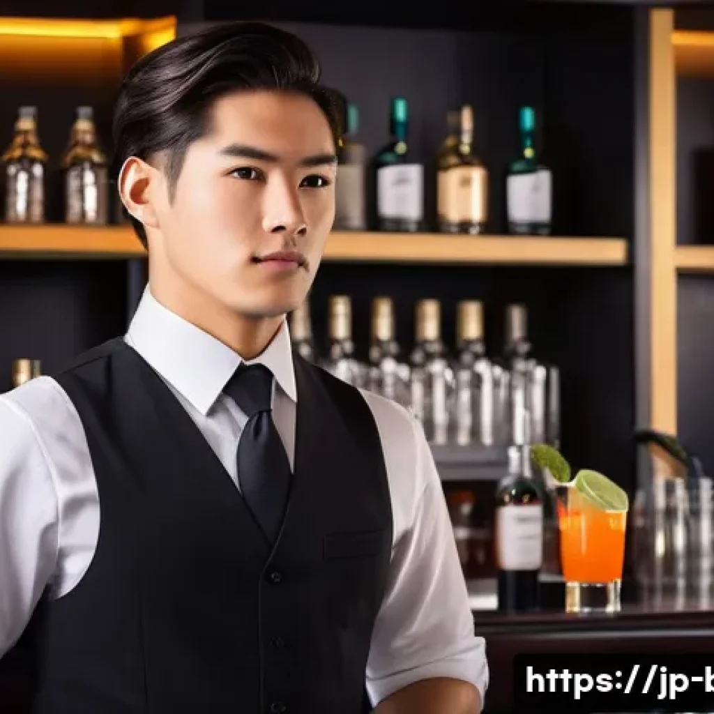바텐더 자격 시험의 준비 기간 - A focused Japanese bartender trainee in a modern, clean bar setting, wearing a crisp white shirt and...