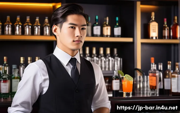 바텐더 자격 시험의 준비 기간 - A focused Japanese bartender trainee in a modern, clean bar setting, wearing a crisp white shirt and...