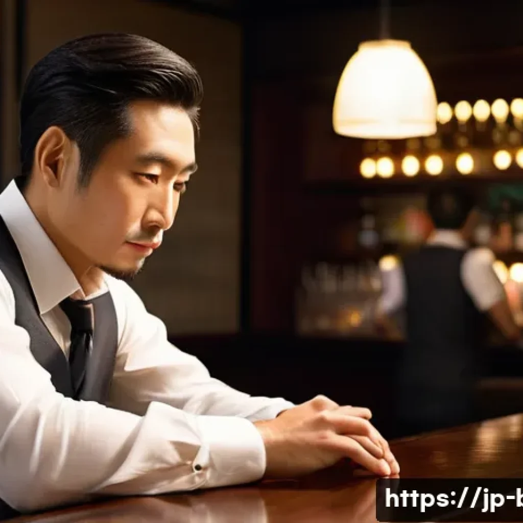바텐더 실무 사례와 교훈 - A sophisticated Japanese bartender in a modern urban bar setting, attentively observing a diverse gr...