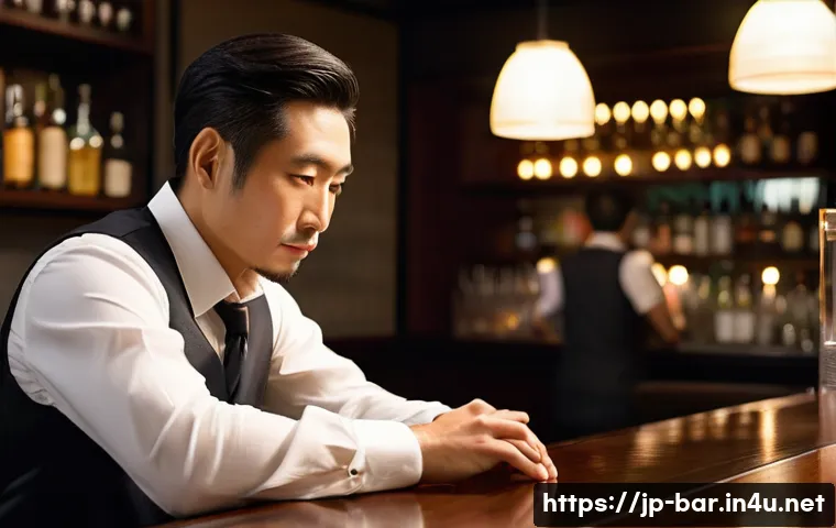 바텐더 실무 사례와 교훈 - A sophisticated Japanese bartender in a modern urban bar setting, attentively observing a diverse gr...