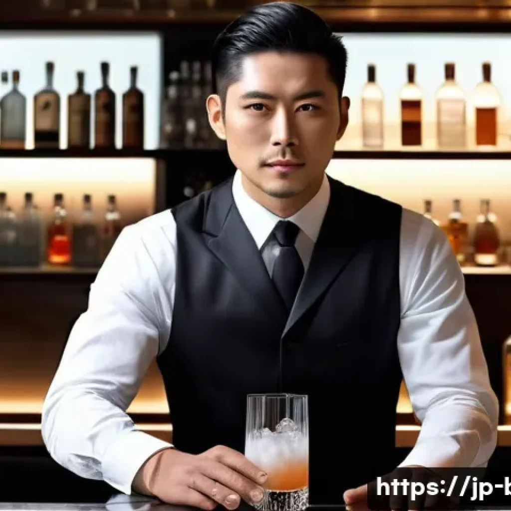 바텐더 자격증 준비 과정 블로그 - A stylish Japanese bartender in a modern bar setting, wearing a crisp white shirt with a black vest ...