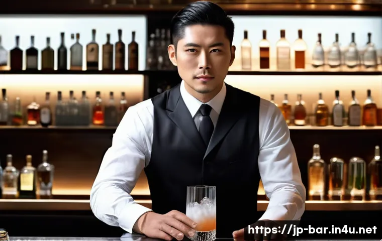바텐더 자격증 준비 과정 블로그 - A stylish Japanese bartender in a modern bar setting, wearing a crisp white shirt with a black vest ...