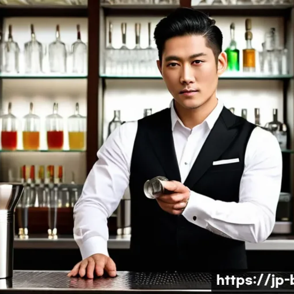 바텐더 실습 교육 추천 기관 - A professional Japanese bartender practicing cocktail shaking techniques in a modern bar setting, we...