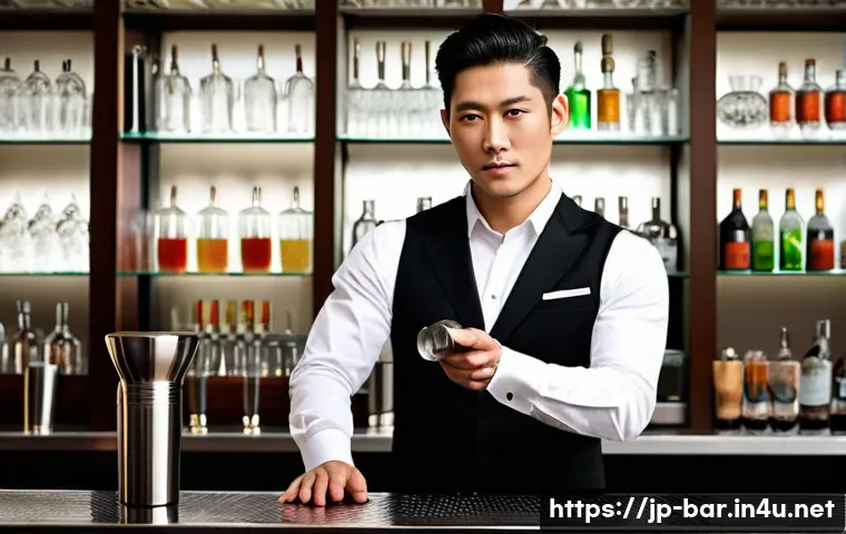 바텐더 실습 교육 추천 기관 - A professional Japanese bartender practicing cocktail shaking techniques in a modern bar setting, we...