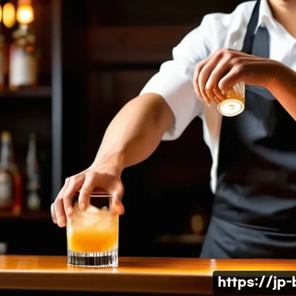 바텐더의 필수 테크닉 - A skilled Japanese bartender performing a smooth cocktail shake with a shaker, showcasing precise wr...