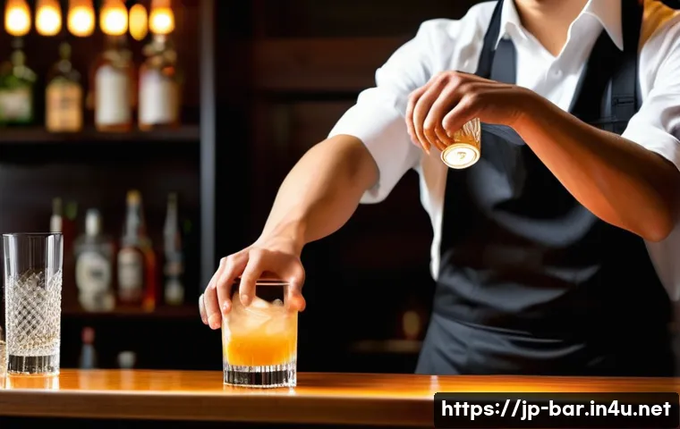 바텐더의 필수 테크닉 - A skilled Japanese bartender performing a smooth cocktail shake with a shaker, showcasing precise wr...