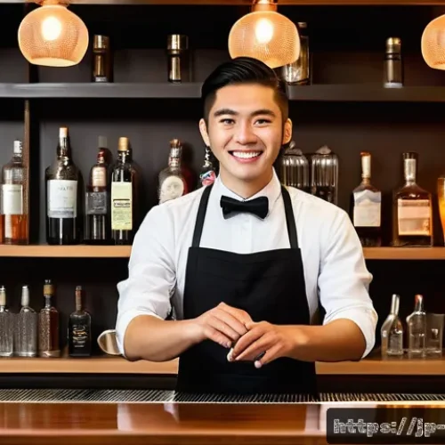 바텐더로 성공적인 경력 전환 - A young, enthusiastic Japanese bartender trainee practicing cocktail making behind a modern bar coun...