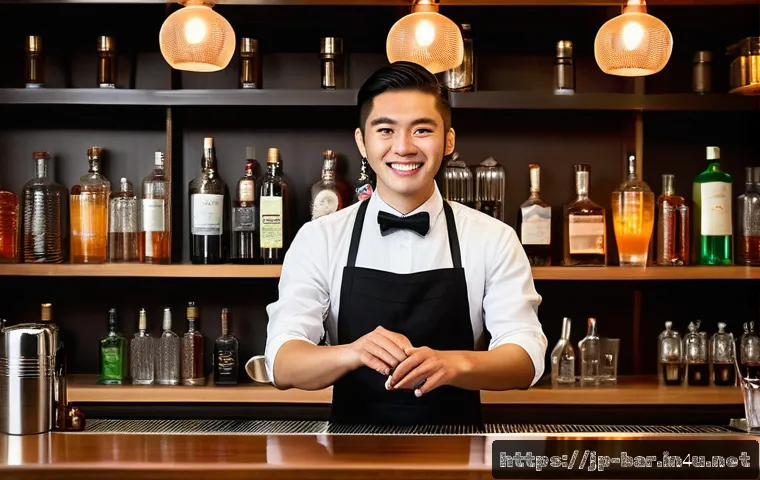 바텐더로 성공적인 경력 전환 - A young, enthusiastic Japanese bartender trainee practicing cocktail making behind a modern bar coun...