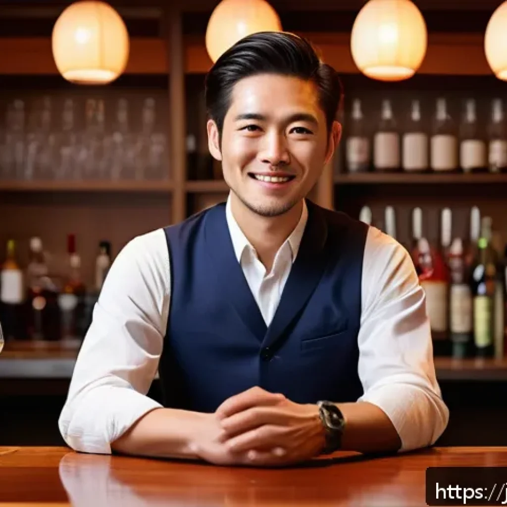 바텐더 업무 중 고객 응대 팁 - A stylish Japanese bartender in a modern, cozy bar setting, softly lit with warm ambient lighting an...