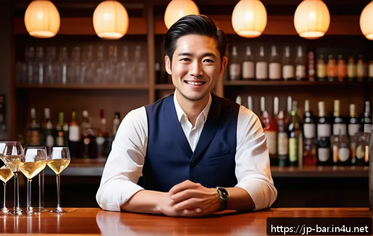 바텐더 업무 중 고객 응대 팁 - A stylish Japanese bartender in a modern, cozy bar setting, softly lit with warm ambient lighting an...