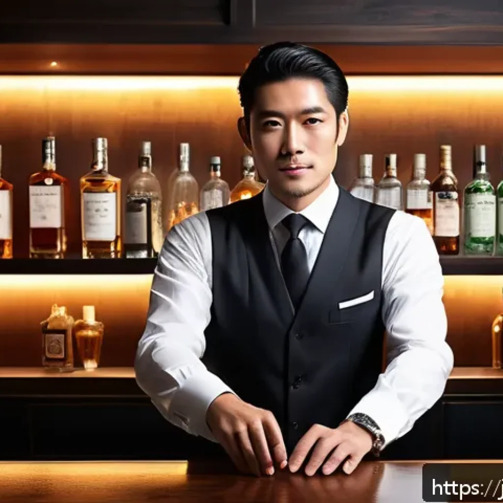 바텐더와 플레어 바텐딩 차이 - A sophisticated Japanese bartender in a modern stylish bar, carefully mixing a cocktail with precise...