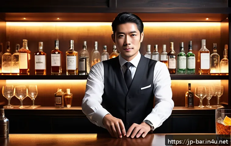 바텐더와 플레어 바텐딩 차이 - A sophisticated Japanese bartender in a modern stylish bar, carefully mixing a cocktail with precise...