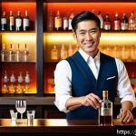 바텐더 자격증 취득 후 취업 사례 - A sophisticated high-end hotel bar scene featuring a skilled Japanese bartender wearing a smart vest...