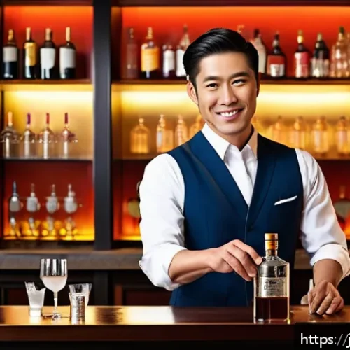 바텐더 자격증 취득 후 취업 사례 - A sophisticated high-end hotel bar scene featuring a skilled Japanese bartender wearing a smart vest...