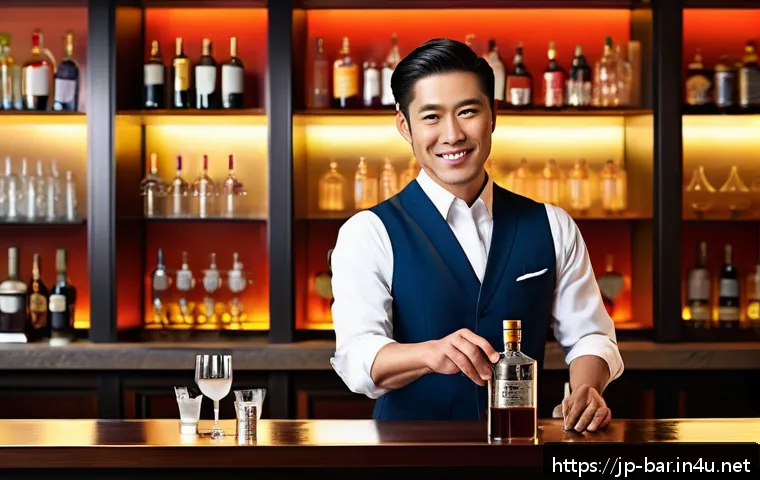 바텐더 자격증 취득 후 취업 사례 - A sophisticated high-end hotel bar scene featuring a skilled Japanese bartender wearing a smart vest...