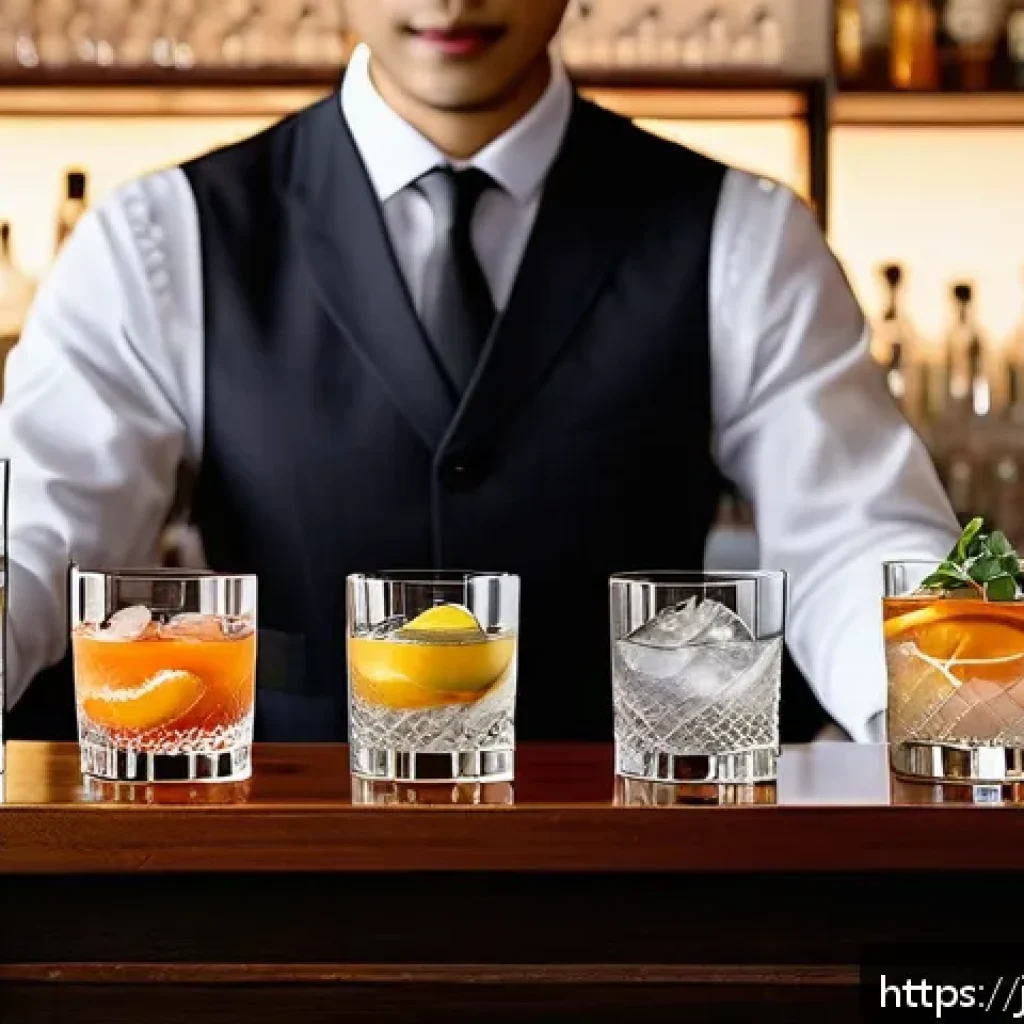 바텐더 실습 중 자주 실수하는 부분 - A sophisticated bartender&rsquo;s workspace featuring a variety of cocktail glasses: old fashioned glasses...
