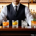 바텐더 실습 중 자주 실수하는 부분 - A sophisticated bartender&rsquo;s workspace featuring a variety of cocktail glasses: old fashioned glasses...