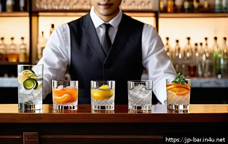 바텐더 실습 중 자주 실수하는 부분 - A sophisticated bartender&rsquo;s workspace featuring a variety of cocktail glasses: old fashioned glasses...