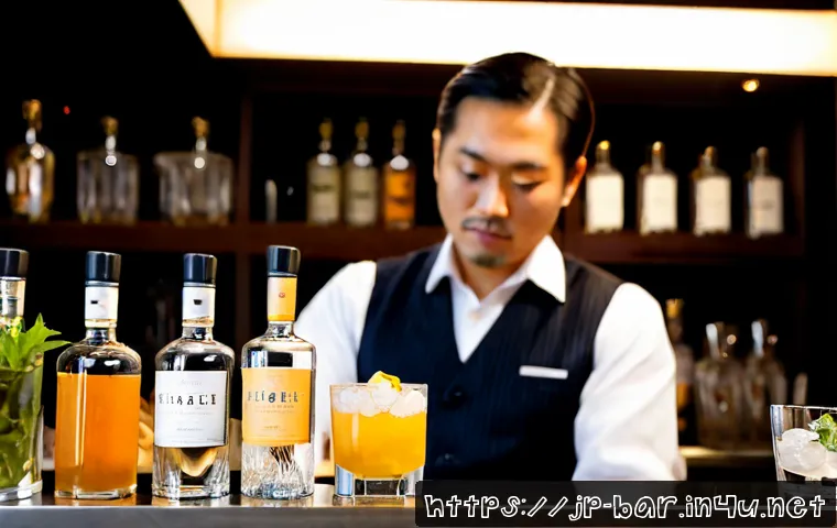 바텐더로서의 주류 트렌드 파악법 - Photorealistic Japanese bartender in a refined modern cocktail bar, thoughtfully comparing three unl...
